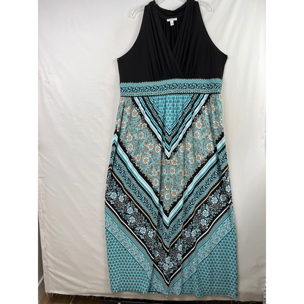 London Style Collection Maxi Dress Womens 24W Black Teal Paisley Halter Boho